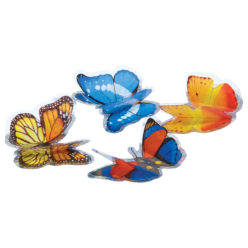 Four 3D Butterfly Stickers of varying colours out of the packaging. Shows the translucent upper laying and flat opaque bottom layer.