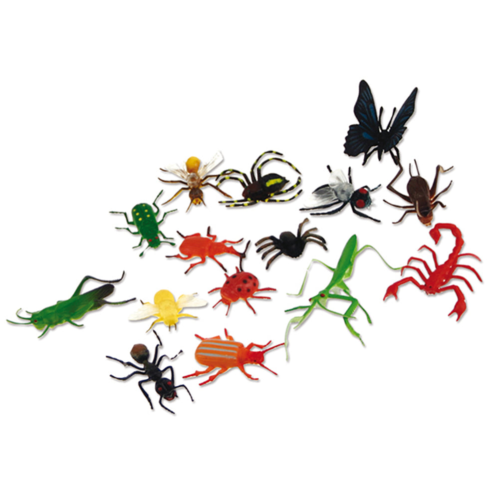 Assorted colorful toy insects on a white background