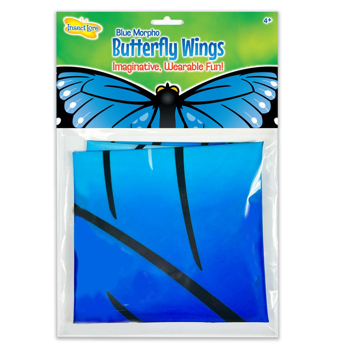 Blue Morpho butterfly wings in packaging with brand logo