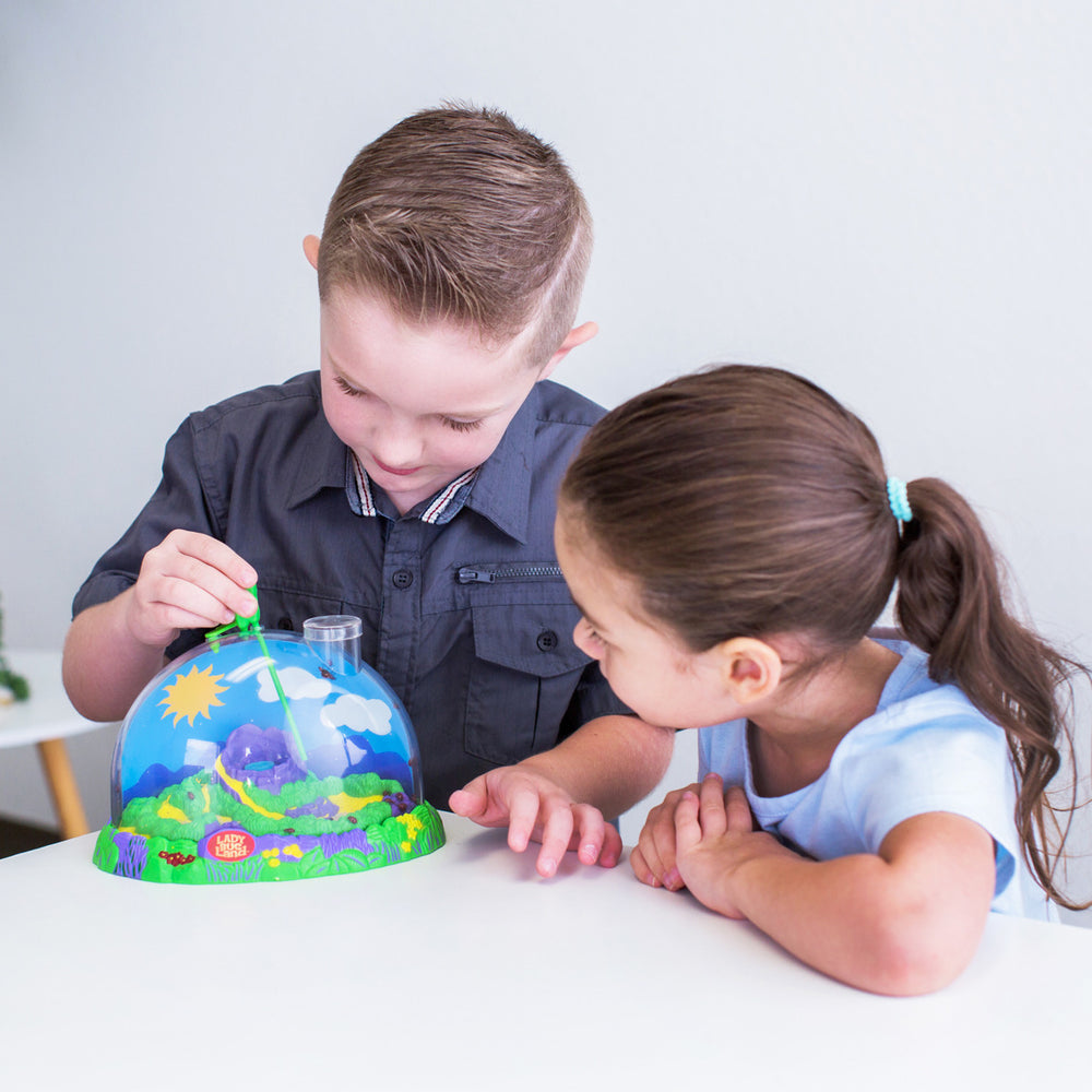 Two children observing ladybirds in the Insect Lore BugLand on a white table.