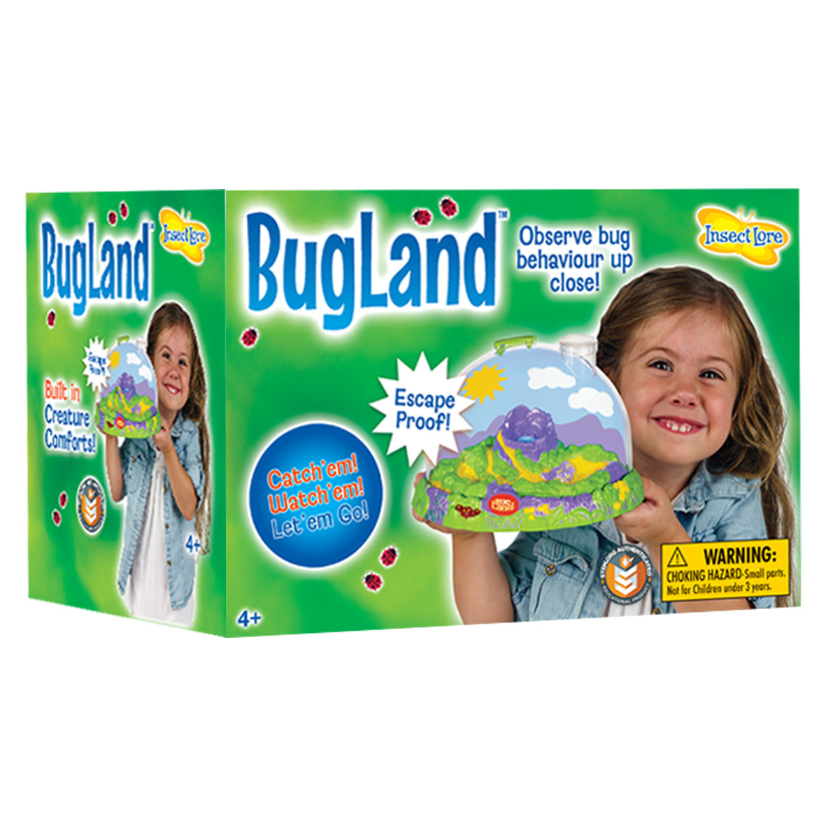BugLand toy packaging with a child holding the product on a white background