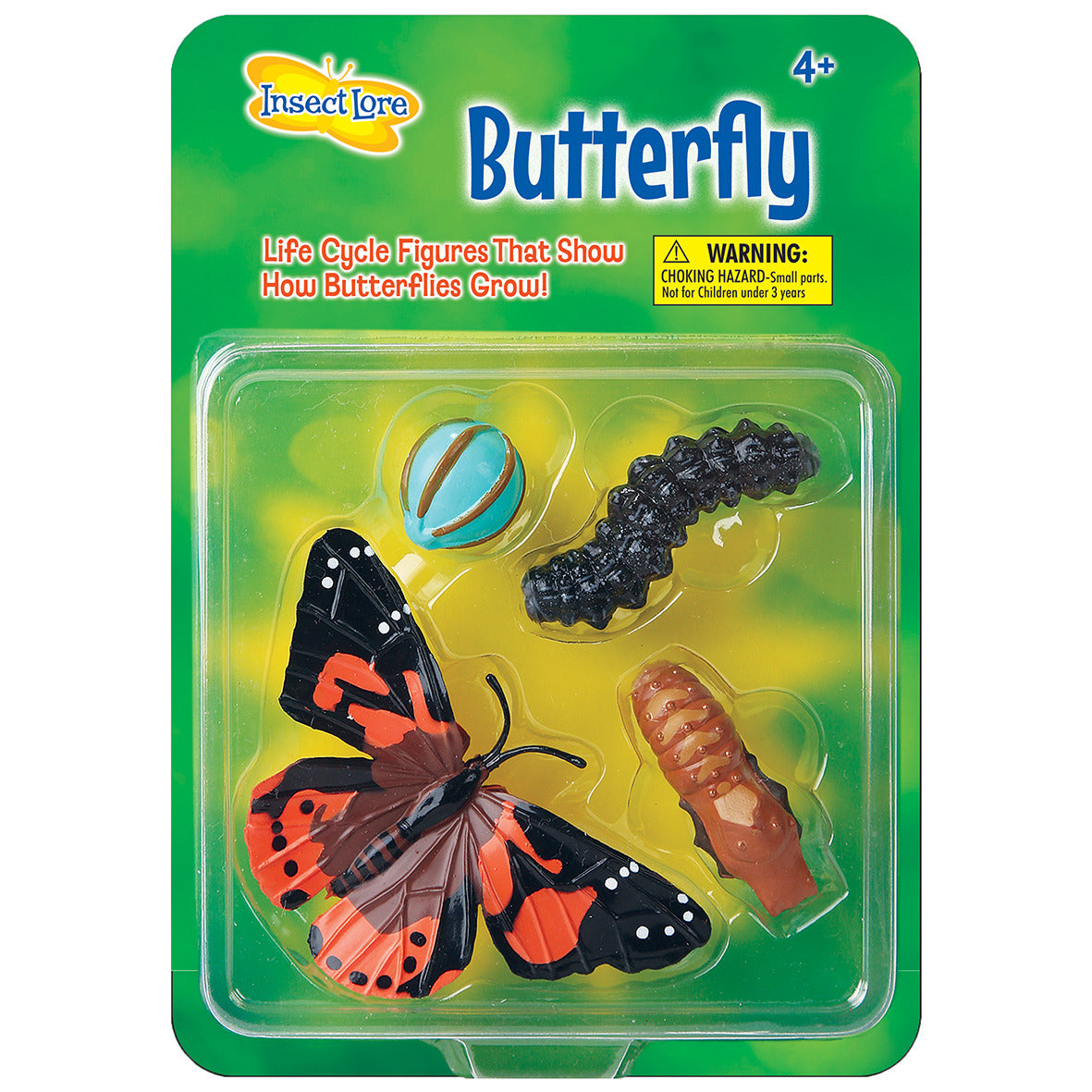 Ladybird Lifecycle stages. 4 figurines in packaging; Egg, Larva, Chrysalis, Adult Butterfly. Plastic and oversized for little hands.