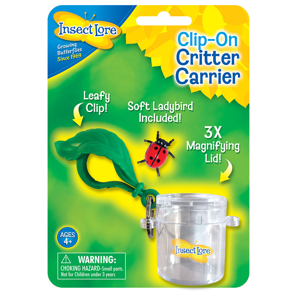 Critter Carrier in its packaging. Packaging shows the leafy clip which can be used to clip onto backpacks or belt loops for a day of exploration.