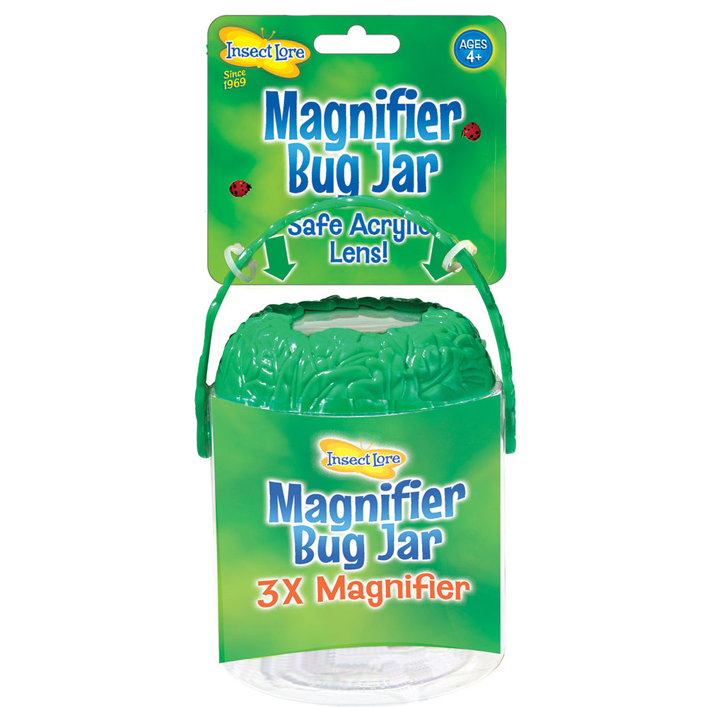 Green magnifier bug jar with packaging on a white background