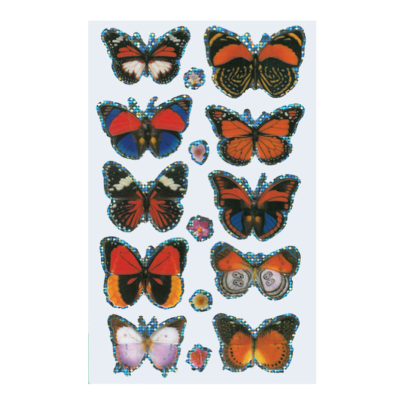 Three packs of 3D Butterfly Stickers showing the different colour variations; 1. Blue, Red and Black, 2. Orange and Yellow, 3. Blue and Black