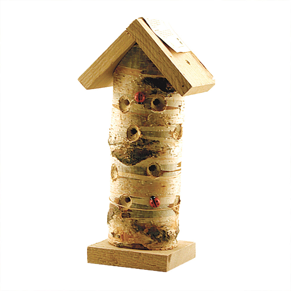 Ladybird and Insect Tower. Mad from a thin log and recycled wood. Drilled holes make great hiding places!