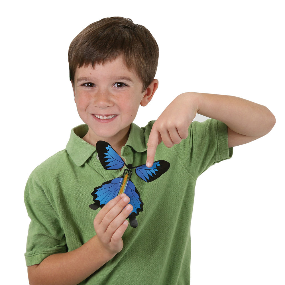 Young Boy holding a blue Wind Up Butterfly Toy.