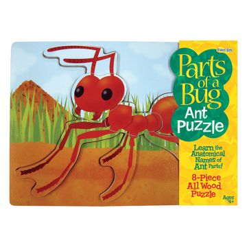 Ant Wooden Puzzle. Backboard with sand and grass design. Removable pieces are different body parts of the ant.