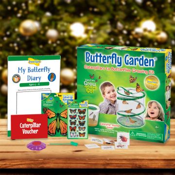 Gift Set. Includes: Butterfly Garden to grow and release your own butterflies, Bug tattoos, 3D Butterfly Stickers, Wind Up Flying Butterfly, Butterfly Diary, Cup holder and Butterfly Feeder and a Caterpillar voucher for 3-5 LIVE Caterpillars.