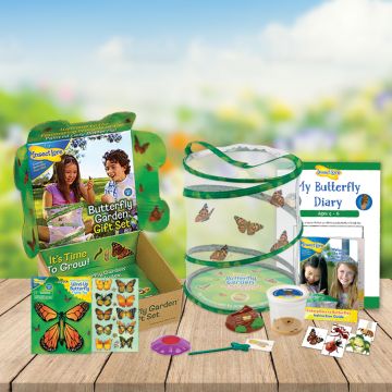 Gift Set includes: Butterfly Garden to grow and release your own butterflies, Bug tattoos, 3D Butterfly Stickers, Wind Up Flying Butterfly, Butterfly Diary, Butterfly Feeder and 3-5 LIVE Caterpillars.