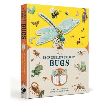 Cover of The Incredible of Bugs hardback book. Yellow and Orange with a range of different bugs surrounding the title. Published by Carlton books.
