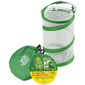 Pop Up Port a Bug Habitat. Mesh sides and nylon handle with a carry case which it can compress into. Perfect for housing critters for a small period of time. Green.