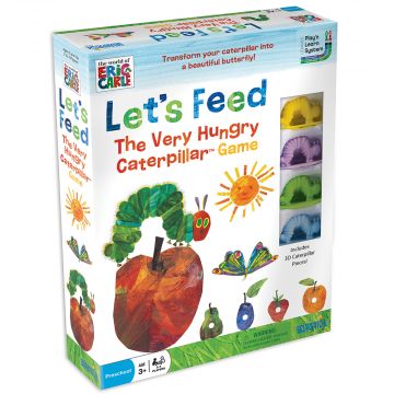 Packaging of the Lets Feed The Very Hungry Caterpillar Game. Features The Very Hungry Caterpillar and some of the foods he eats in the world of Eric Carle style. Small Clear window showing the playing pieces on the right-hand side