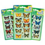 Three packs of 3D Butterfly Stickers showing the different colour variations; 1. Blue, Red and Black, 2. Orange and Yellow, 3. Blue and Black