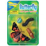 Painted Lady Butterfly Lifecycle stages. 4 figurines in packaging; egg, caterpillar, chrysalis, butterfly. Plastic and oversized for little hands.