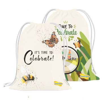 Two canvas gift bags with drawstring handles, one showing a Painted Lady Butterfly and Bee, the other showing cartoon insects having a party as seen through a magnifying glass.  Both have the slogan 'Time to Celebrate'