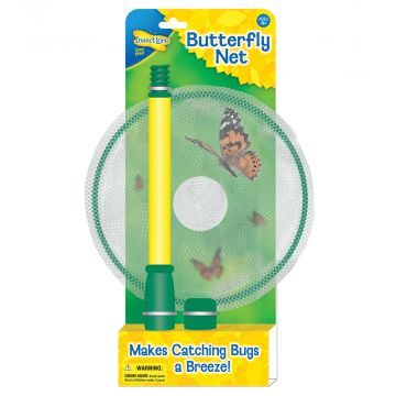 Compact Butterfly Net in packaging. Twist apart the handle for easy storage. Makes Butterfly and Bug catching a breeze.
