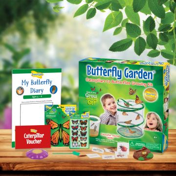 Gift Set. Includes: Butterfly Garden to grow and release your own butterflies, Bug tattoos, 3D Butterfly Stickers, Wind Up Flying Butterfly, Butterfly Diary, Cup holder and Butterfly Feeder and a Caterpillar voucher for 3-5 LIVE Caterpillars.