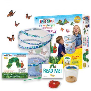 Very Hungry Caterpillar Butterfly Growing Kit Contents. Includes everything you need to grow and release LIVE Caterpillars. Themed in World of Eric Carle colours blue, white and green with The Very Hungry Caterpillar printed on the Habitat.