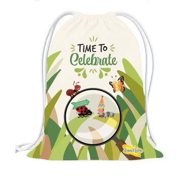 Two canvas gift bags with drawstring handles, one showing a Painted Lady Butterfly and Bee, the other showing cartoon insects having a party as seen through a magnifying glass.  Both have the slogan 'Time to Celebrate'