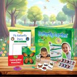 Gift Set. Includes: Butterfly Garden to grow and release your own butterflies, Bug tattoos, 3D Butterfly Stickers, Wind Up Flying Butterfly, Butterfly Diary, Cup holder and Butterfly Feeder and a Caterpillar voucher for 3-5 LIVE Caterpillars.