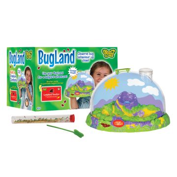 BugLand habitat situated in front of its packaging, surrounded by red cartoon ladybirds, a tube containing ladybird larvae and food is laid by the habitat along with a small green pipette