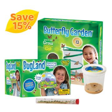 Butterfly Garden kit box with a clear plastic cup containing caterpillars and food, alongside a BugLand kit box and clear tube containing ladybird larvae and food.  Orange writing in the top left advising that you Save 15% with this bundle.