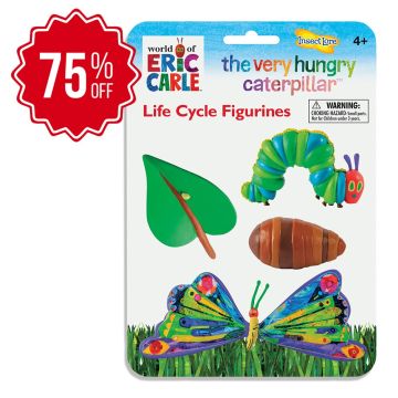 The Very Hungry Caterpillar Lifecycle stages in packaging. Details the egg, caterpillar, chrysalis and butterfly stages all in the theme of the World of Eric Carle