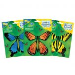 Three Wind Up Butterfly Flying Toy colour variations; 1. Blue and Black, 2. Orange and Black, 3. Yellow and Black